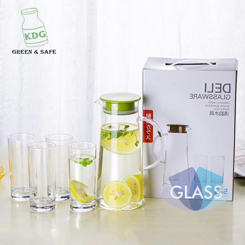 Pichet en verre naturel réutilisable de 1300 ml avec ensemble de tasses